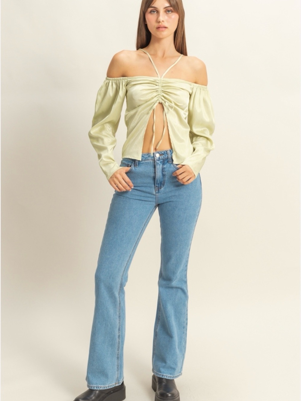 NWT Ruched Sage Green Off-Shoulder Tie-Front Blouse - Small - Picture 2 of 5